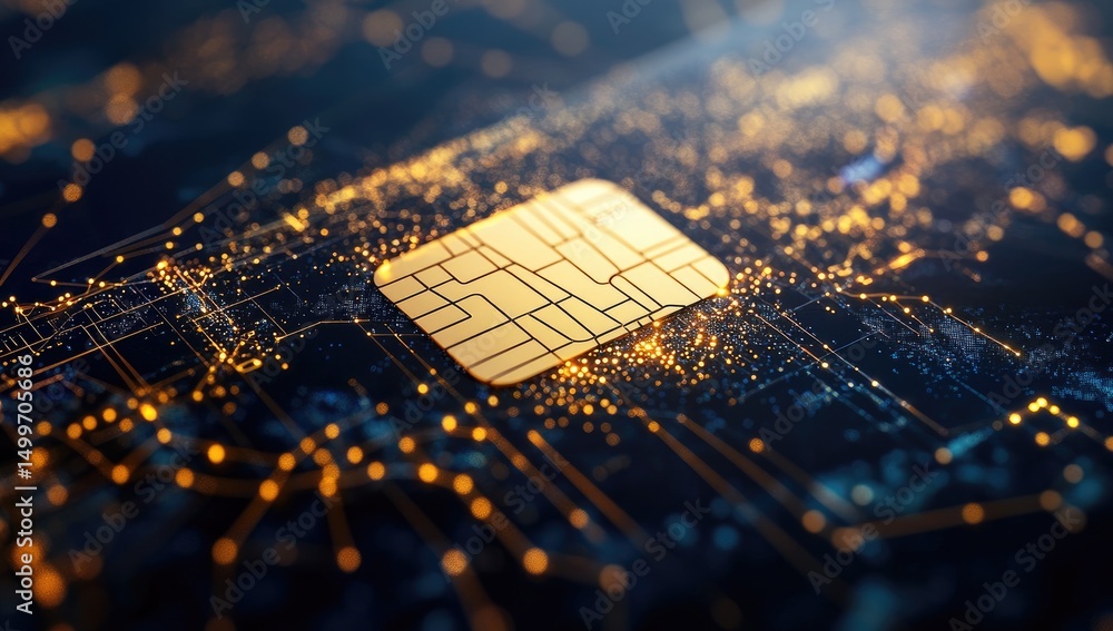 Poster golden chip embedded in a complex circuit board