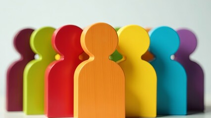 Abstract wooden human figures in vibrant colors arranged closely together representing diversity and equity