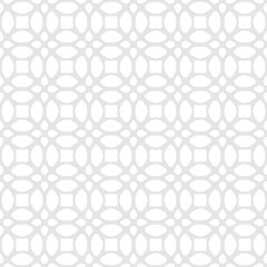 Subtle gray and white floral ornament texture. Abstract vector geometric seamless pattern with flower silhouettes, leaves, grid, lattice, mesh. Simple background in oriental style. Repeated design