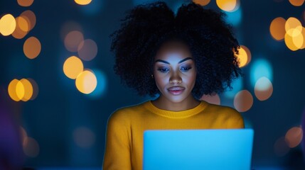 Focused young woman working late at night on her laptop.  Concept of dedication, late night work, online business, and digital lifestyle.