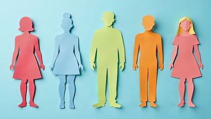Flat lay of colorful paper cut-out human shapes on a pastel blue background