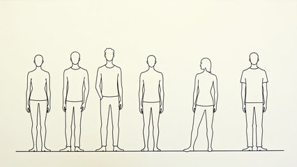 Single continuous line drawing of five different people standing side by side minimalist black lines