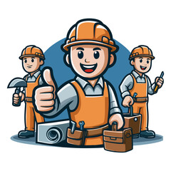 Clean flat builder mascot vector design cartoon character wearing tool belt helmet and uniform holding spanner for construction company handyman branding and logo