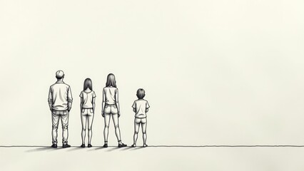 Single continuous line drawing of five different people standing side by side minimalist black lines