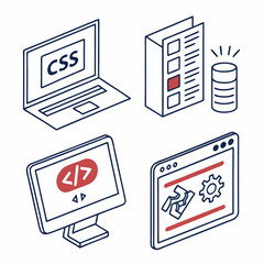 Web development isometric icons css html coding laptop computer