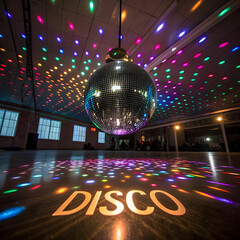 a disco ball that has been turned on and the word