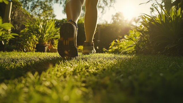 Low-angle view of someone walking on a grassy garden path. Sunlight filters through foliage
