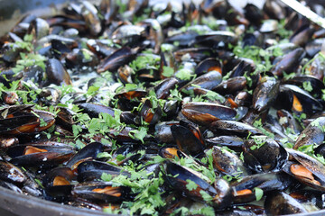 Mussels in a cauldron. Food court. Street food. Mussels cooked in shell. Mussels cooked in sauce,...