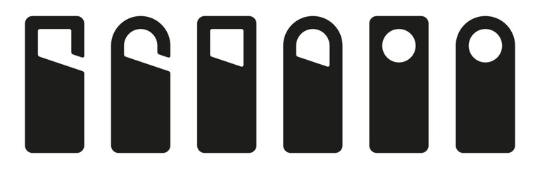 Minimalist black door hanger icon set featuring various cutout styles, perfect for hotel signage, privacy notices, or informational tags.