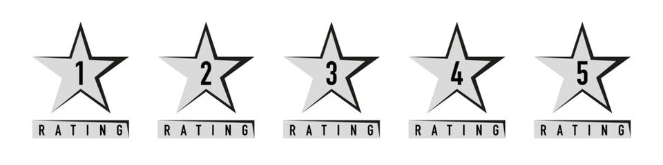 Star rating icons from 1 to 5 with bold numbers and “RATING” labels below each star on a white background. Ideal for reviews and feedback visuals.