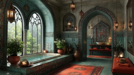 Obraz premium Luxurious Arabian bathroom with vibrant tiles, arched windows, and elegant bathtub