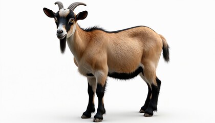 Isolated goat, on white backdrop. Smiling farm animal with horns, beard. Livestock, cute, pet or farm animal, mammal. Rural scene. Symbol of zodiac, capricorn.
