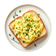 Scrambled eggs on toast garnished with fresh chives, served on white plate. delicious and simple breakfast option that is both nutritious and satisfying