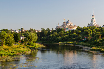 Torzhok, Tver region, Russia - 8 July 2021: Aerial Panoramic view on Novotorzhsky Boris and Gleb Monastery and Torzhok
