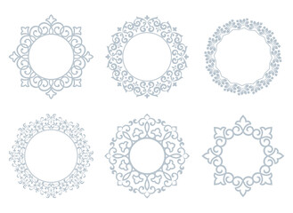 Set of decorative frames Elegant vector element for design in Eastern style, place for text. Floral gray and white borders. Lace illustration for invitations and greeting cards