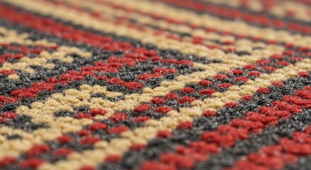 Close-up Texture of Handwoven Rug with Red, Beige, and Gray Stripes