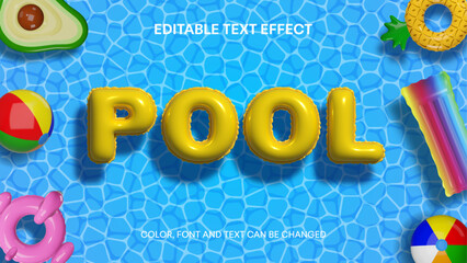 Fototapeta na wymiar pool party 3d infalted editable text effect on pool water background with inflatables