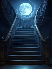 Fototapeta premium A grand, curving wooden staircase ascends towards a large, full moon visible through an open ceiling, bathed in ethereal moonlight