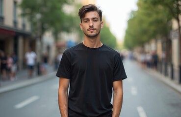 Young man in black t-shirt stands city street. Male model showcases casual wear. Boy displays street style fashion. Mockup t-shirt design. Urban lifestyle concept.
