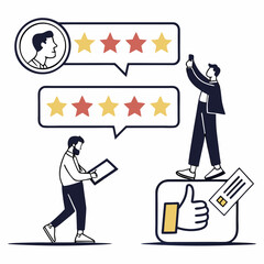 Businessmen reviewing customer feedback stars ratings online mobile app