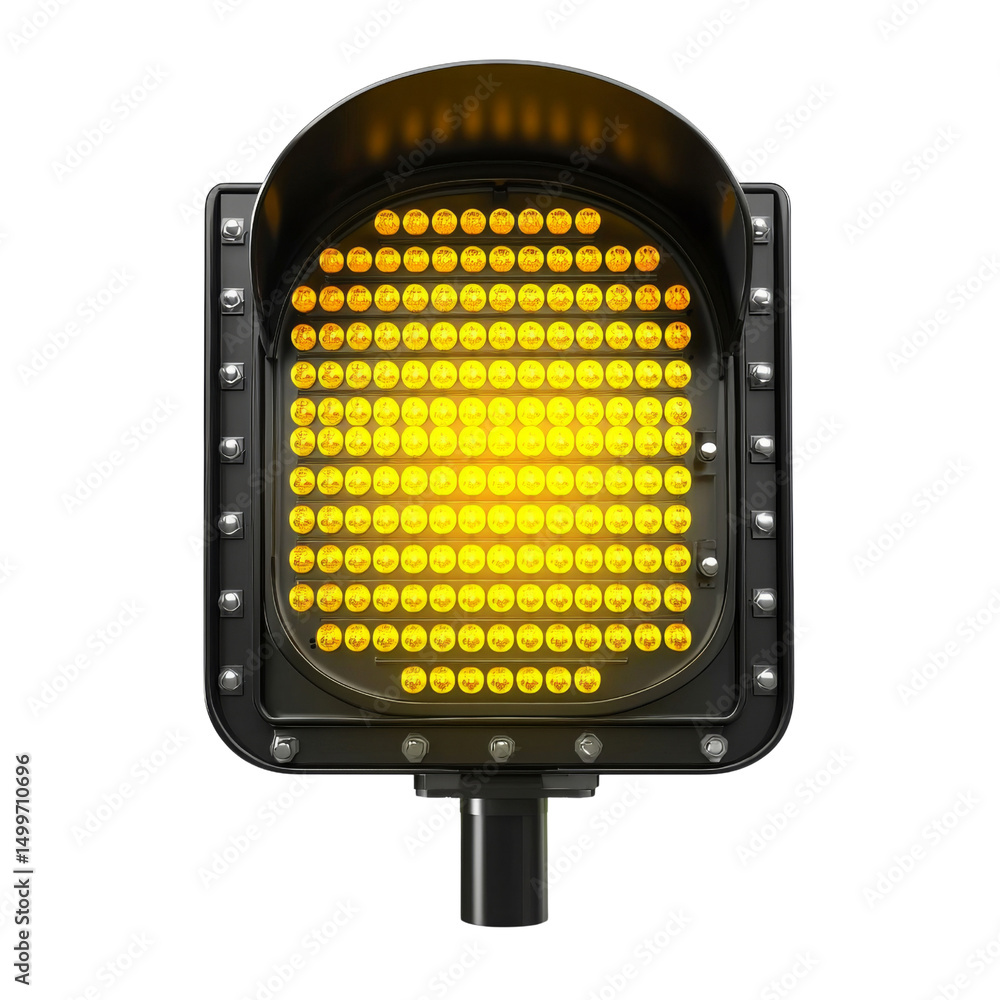 Poster traffic signal light with yellow illumination, indicating caution for vehicles and pedestrians. desi
