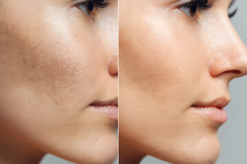 Macro before and after image of woman's cheek and nose area showing reduction in enlarged pores and improved skin texture, clear complexion skincare result, beauty and dermatology treatment