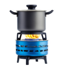 Cooking pot on portable stove with flames, ideal for outdoor use. This setup is perfect for camping or emergency situations, providing efficient heat for meal preparation