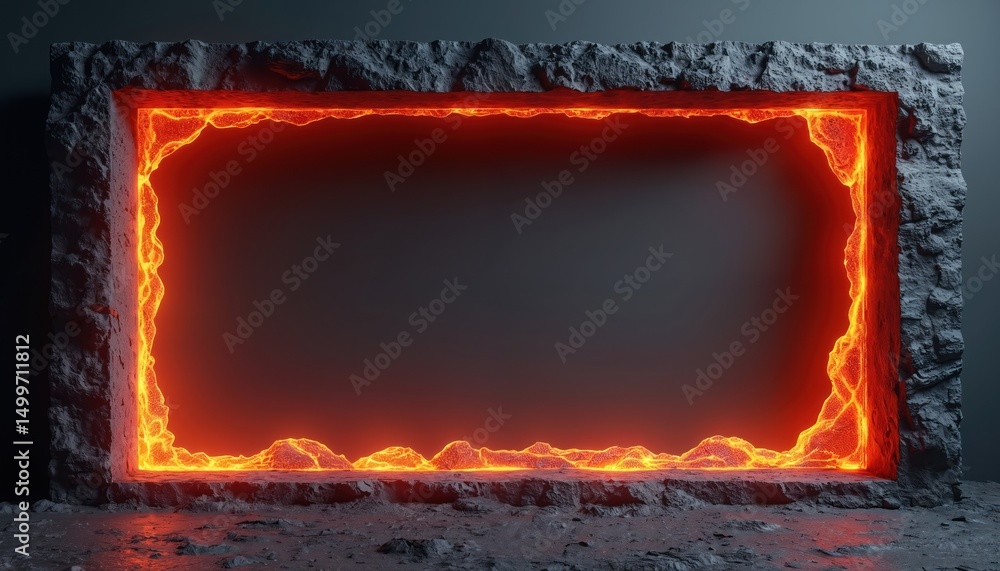 Poster abstract geometric frame with lava-like glow. bright orange lava portal on stone surface. ai-generat