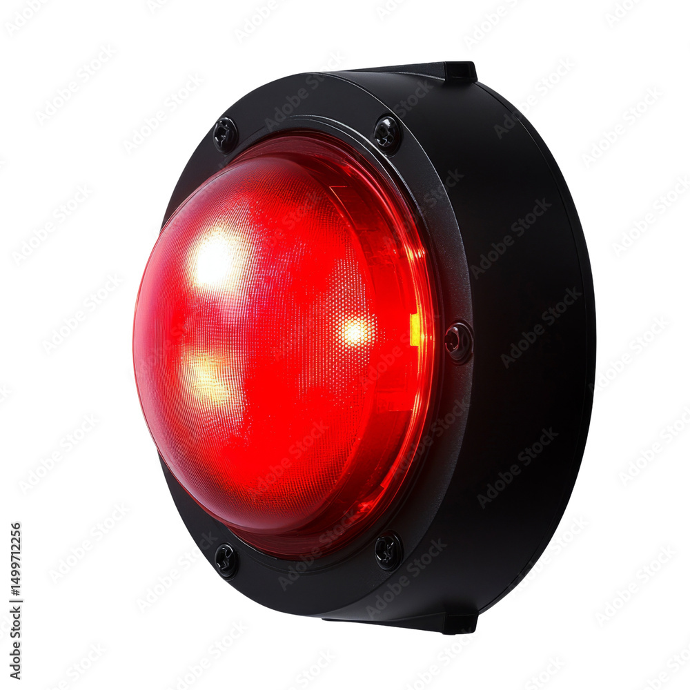 Poster bright red warning light with glossy finish, designed for alert signals and safety. this light is co