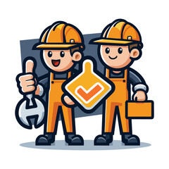 Smiling Vector Mascot Character of Construction Worker in Bright Outfit Holding Toolbox for Builder Manual Labor Repair Project Logo Branding Identity Illustration Design Asset