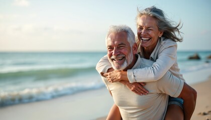 Mature couple enjoys piggyback ride on sandy beach. Elderly man carries cheerful woman. People laugh, smile. Summer vacation, leisure, recreation at ocean sea, coastal zone. Positive emotions,
