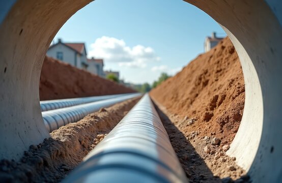 Modern construction of insulated pipes laid in trench for residential heating water supply. Engineering infrastructure for urban home. Pipeline technology, energy efficiency, industrial background