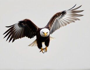 Fototapeta premium powerful eagle soaring, front view on white background, subject on the right with copy space on the left.