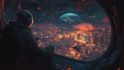 Astronaut watches a burning city from a spaceship