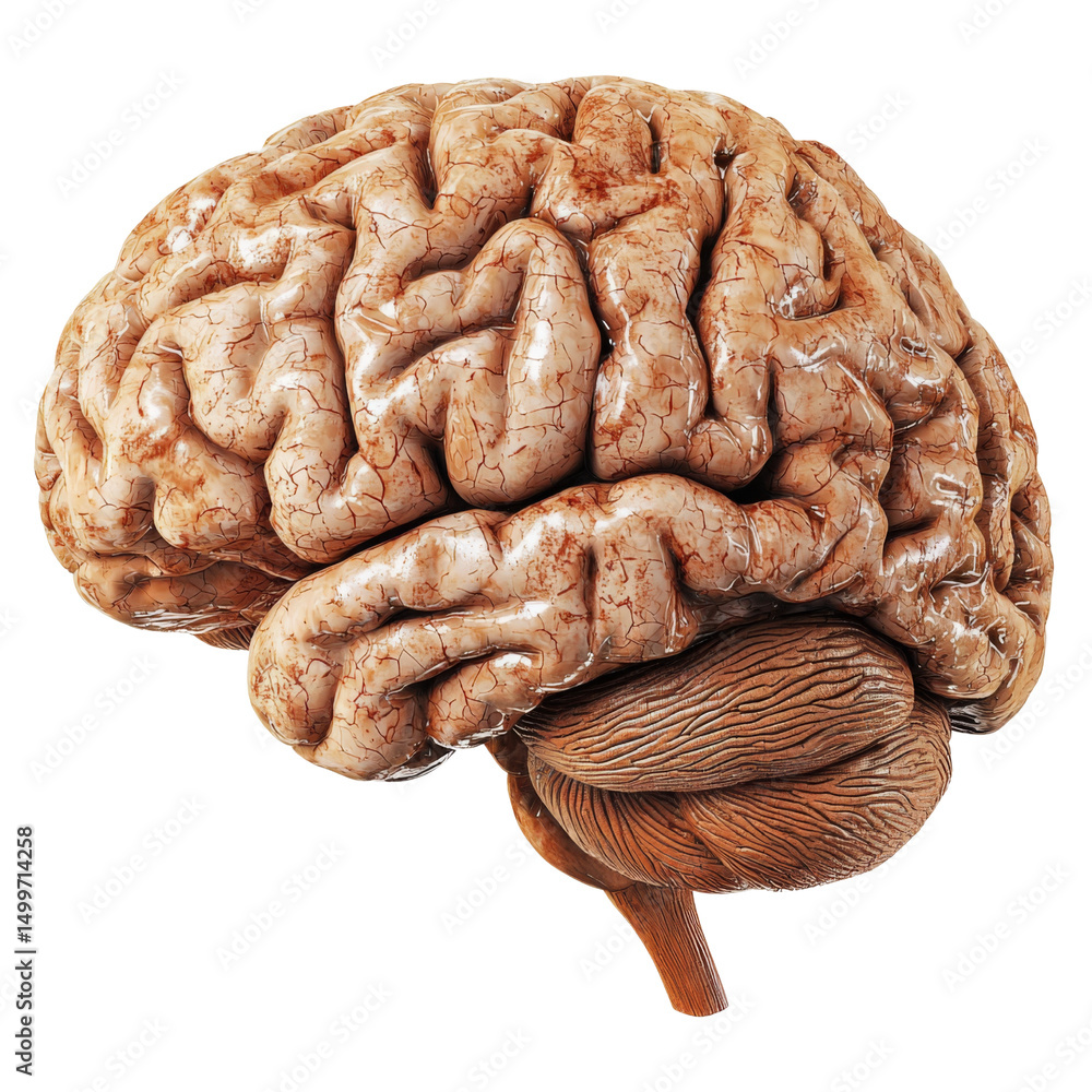 Poster detailed anatomical model of human brain showcasing its intricate structure and texture, emphasizing