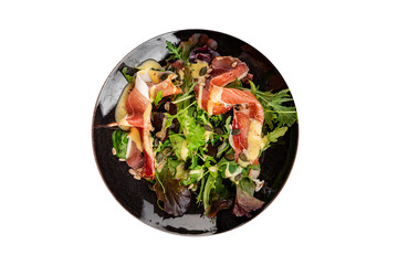 Salad meat jamon green lettuce leaf appetizer food fresh gourmet food background on the table rustic food top view copy space