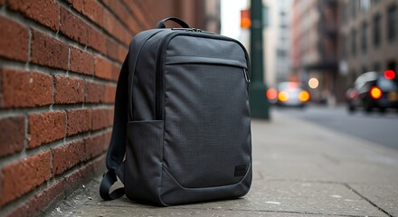 Backpack resting against brick wall in city