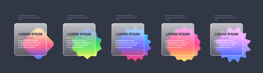 Five bright glass morphism infographic square panels set with different star shape form. Vector template illustration on dark background