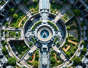 overhead view of a vast space station adorned with lush green gardens, subject positioned at the top with clear copy space below for text.