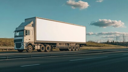White truck with blank advertising panel on highway