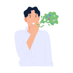 Vector illustration of man testing breath with bad breath, eating food with bad smell, flat design isolated on white background.