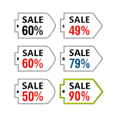 Six professional sale tags with percentage discounts on white background