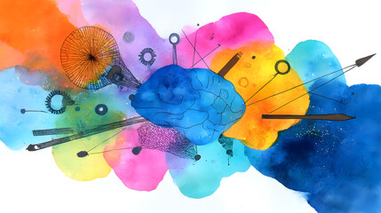 Abstract watercolor illustration with vibrant colors and geometric elements symbolizing creativity and imagination