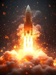 A retro-style rocket ascends through fiery exhaust, leaving a trail of smoke and sparks against a dark, starry backdrop