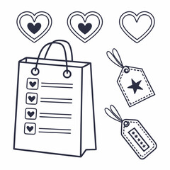 Shopping bag checklist hearts gift tags love valentines day