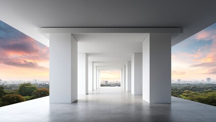 Modern, open-air corridor with city views