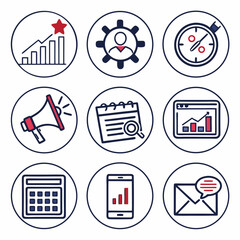 Nine professional business icons set, isolated cutouts, transparent background