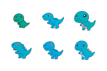 Cute cartoon kawaii t rex dinosaur set