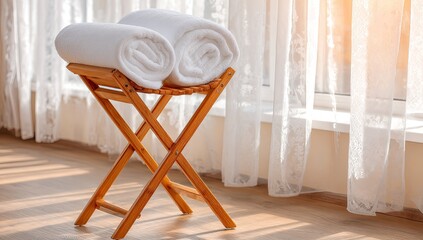 Rolled towels on a small wooden stand