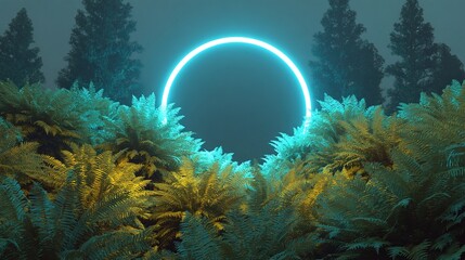 Mystical Solar Eclipse with Luminous Halo over Tropical Flora, Ideal for Fantasy and Nature Themed Artworks